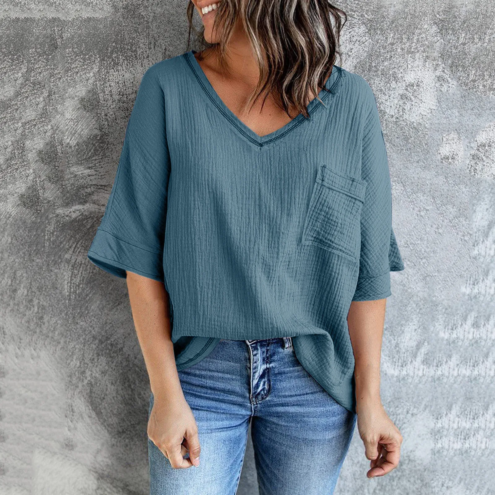 

Ladies Solid Color Loose Shirt Blouse Women Fashion V Neck Pocket Mid Sleeve Top Female Summer Casual Oversize Shirt Street