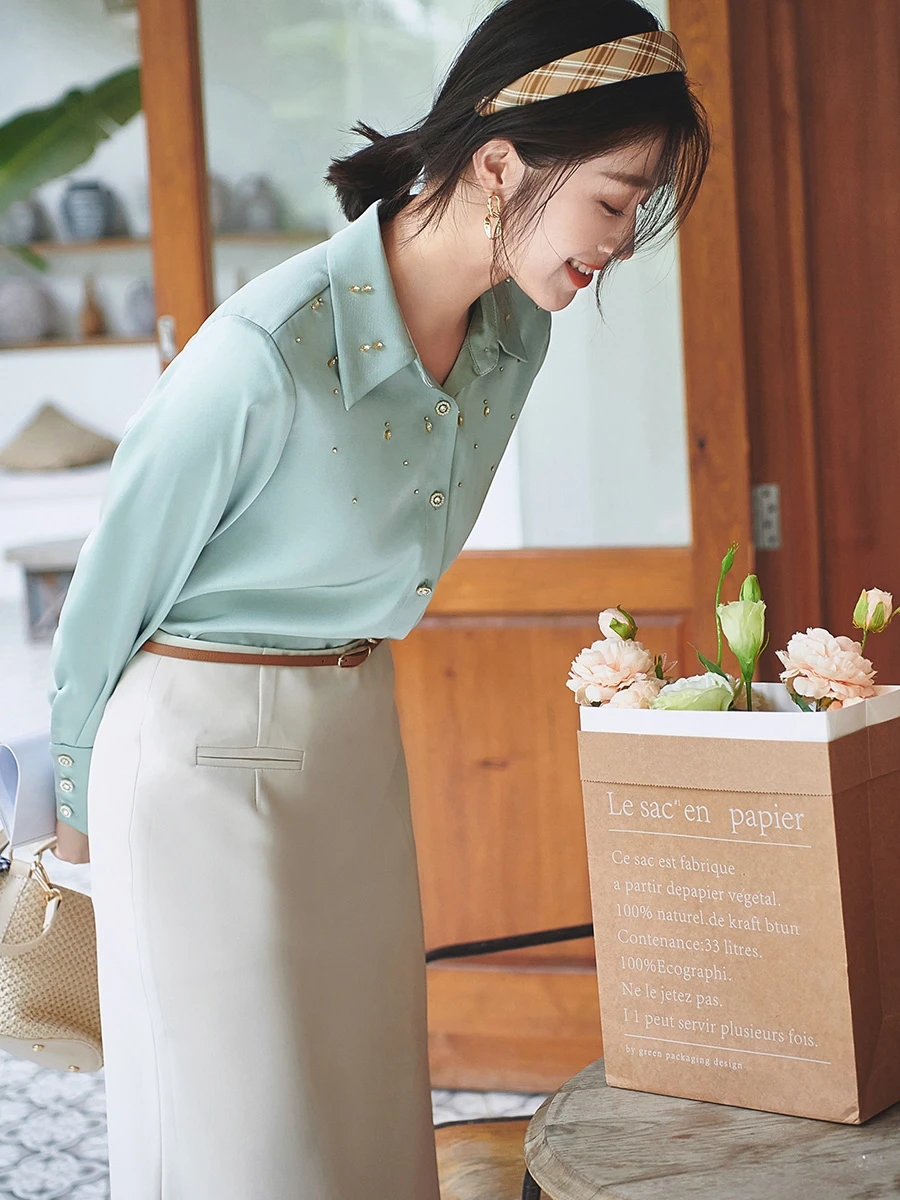 Осенние Роскошные зеленые атласные шелковые рубашки 8060 высококлассная рубашка с