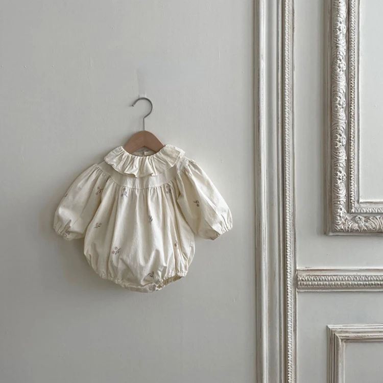 Freely Move 2022 New Fashion Infant Girls Romper Ruffle Long Sleeve Flower Embroidered Lapel Jumpsuit Baby Autumn Clothing