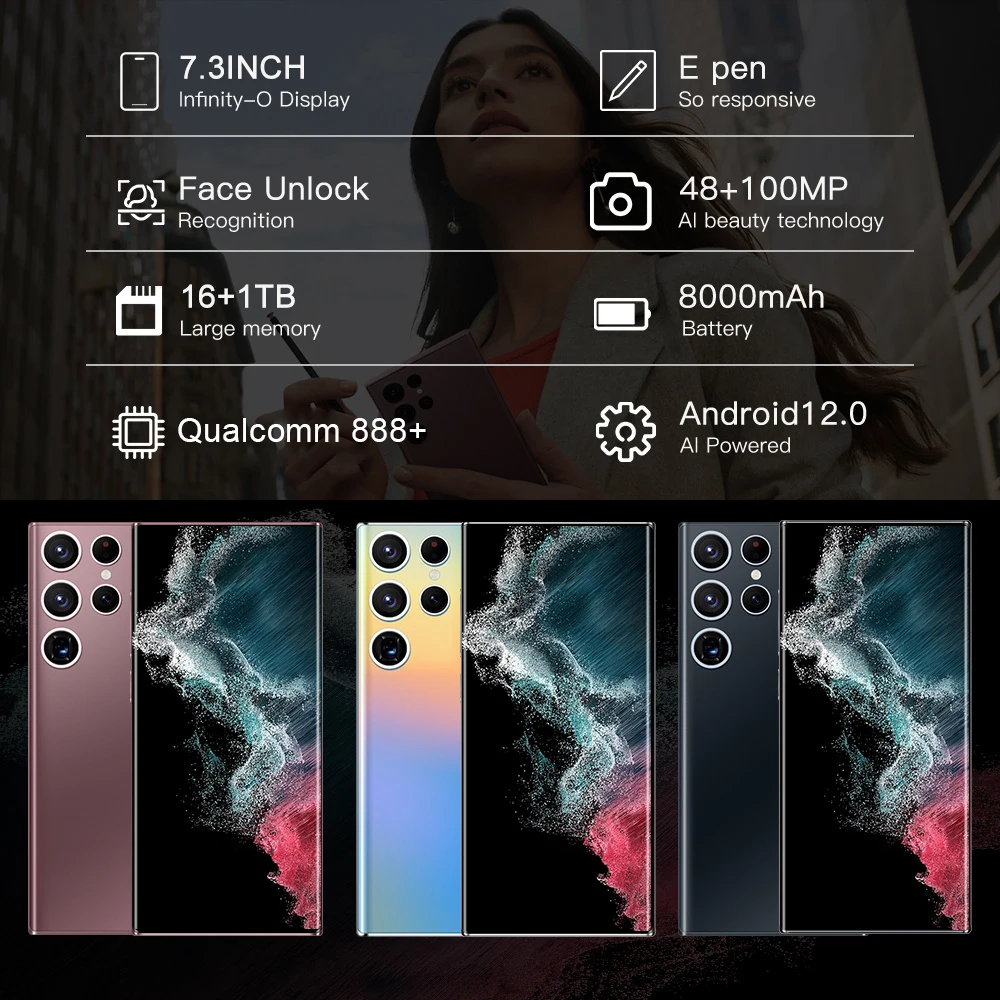 Global Version Smartphones S22+ Ultra 7.3 Inch 16GB+1TB 8000mAh 4G/5G Network Celular Unlock Cell Phone Dual SIM Android Phones