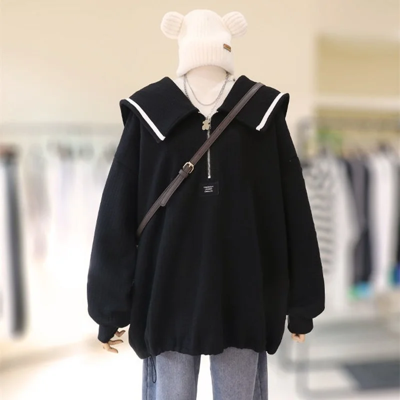 

QWEEK Kawaii женские толстовки Harajuku корейская мода Сейлор половина молнии толстовка черные свитшоты оверсайз с длинным рукавом тонкая верхняя одежда
