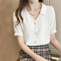 solid color turn down collar elegant commuter womens blouses summer female clothing all match fashion button short sleeve shirt