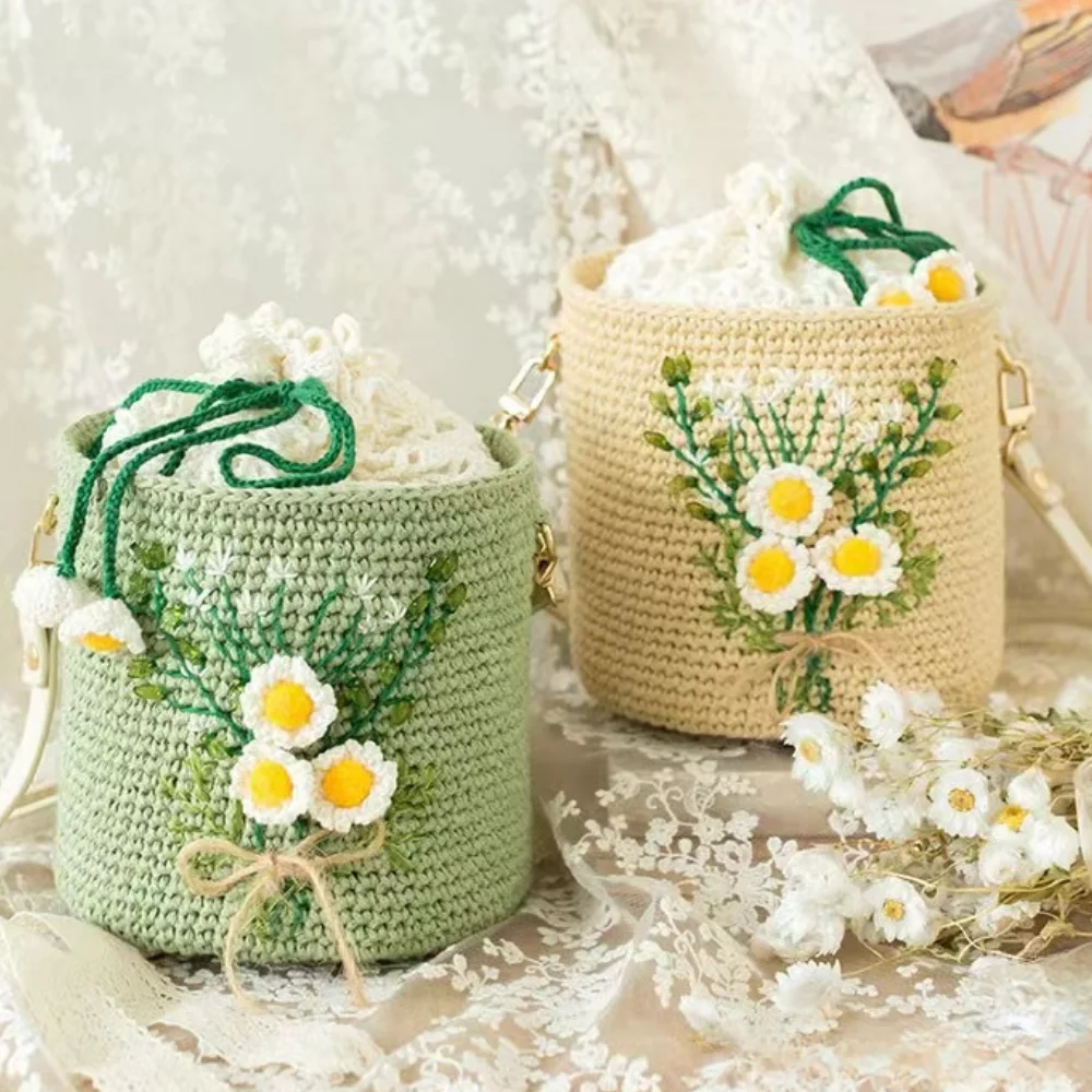 

Bohemian Crochet Women Shoulder Bags Flower Plaid Lady Leather Handbags Handmade Knitted Daisy Bag Small Tote Beach Bag
