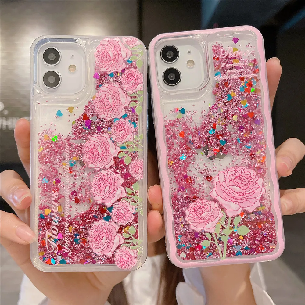 

Glitter Bling Liquid Quicksand Phone Case For OPPO A53 A55 A72 4G A8 A9 A11 A91 A92s A93 A96 5G Pink Rose Flower Silicone Covers