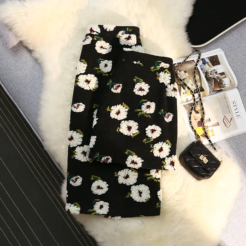 

Three Dimensional Flower Skirts Women Winter High Waist Woolen Thickened Long Skirt Female Autumn New