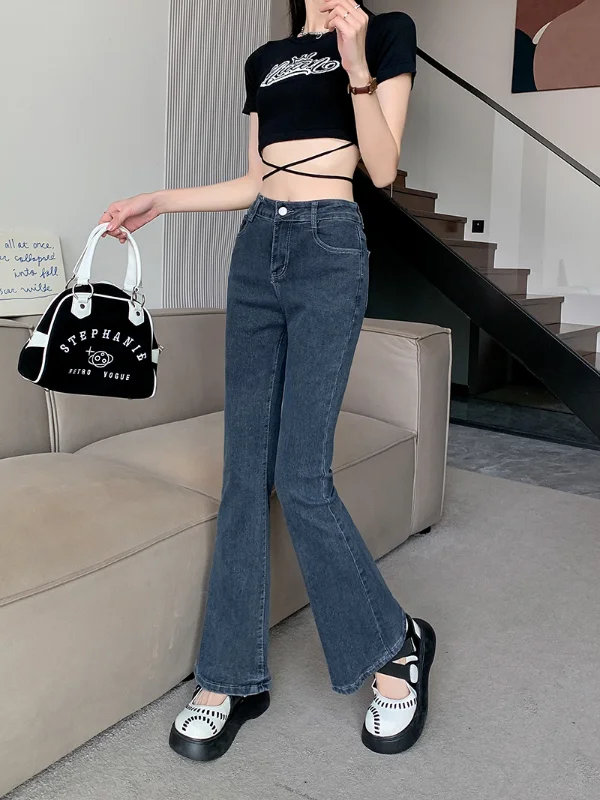 

Женские расклешенные джинсы с высокой талией, новые модные облегающие синие джинсы в Корейском стиле, Женские Простые джинсовые брюки в стиле High Street, женская модель