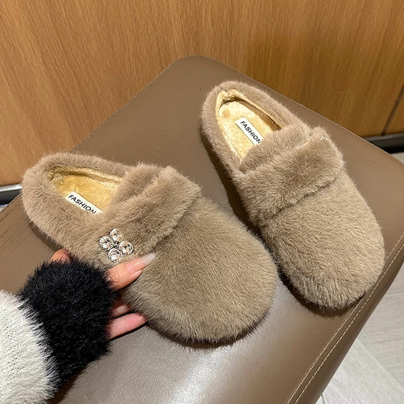 

Women's Fur Cotton Slippers Home Casual Walking Warm Mules Shoes Winter New 2024 Designer Cozy Short Plush Slingback Flip Flops