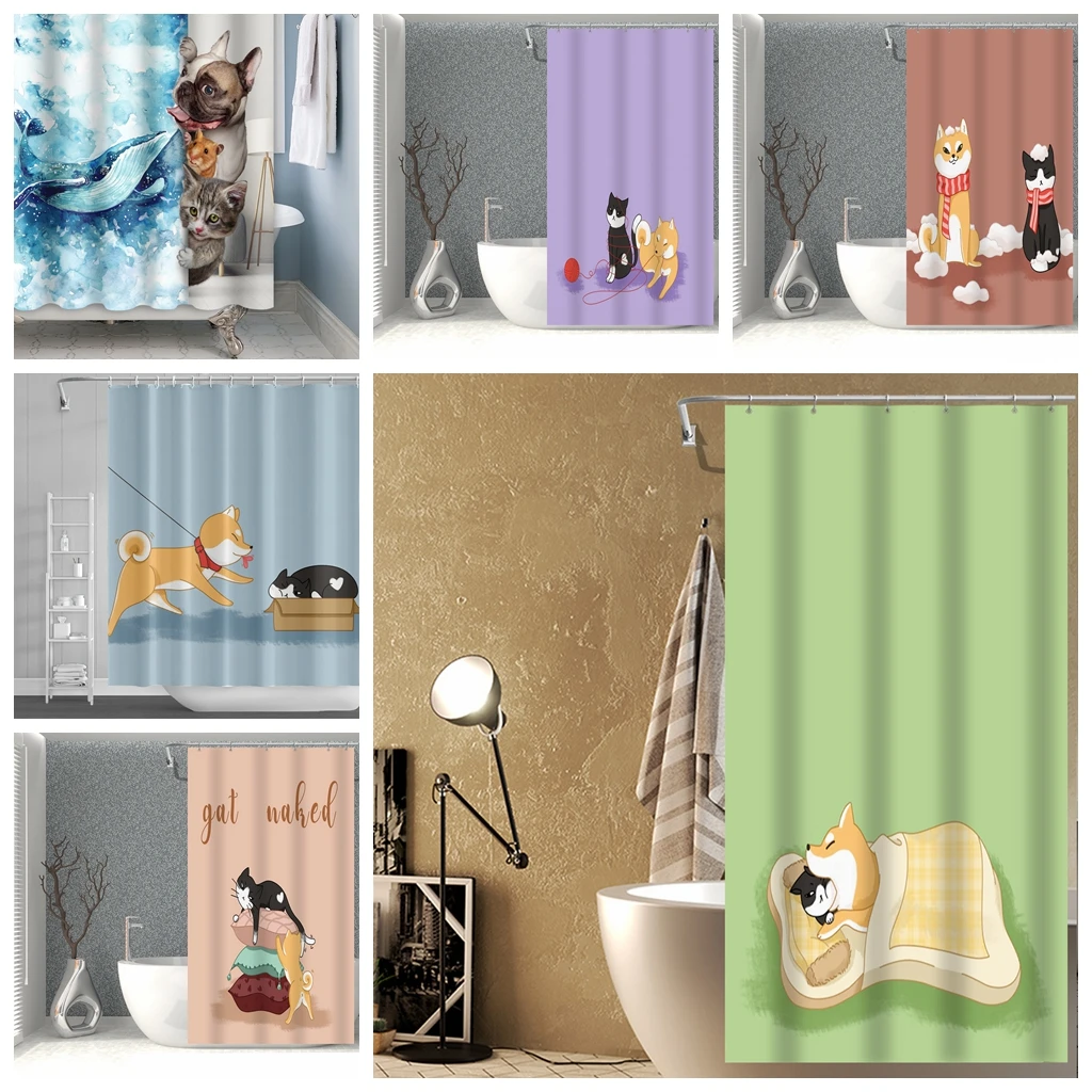 

Cat Dog 3D Print Shower Curtain Custom Bathroom Set Bath Room Curtains Kitchen Window Fabrics Products Household Merchandises
