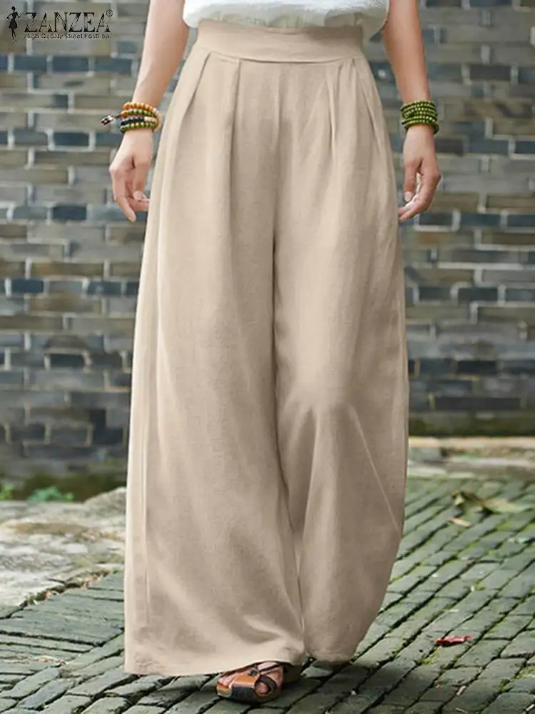

2022 ZANZEA Women Wide Leg Pants Summer High Waist Solid Loose Trousers Vintage Casual Cotton Long Pantalon Oversize Palazzo