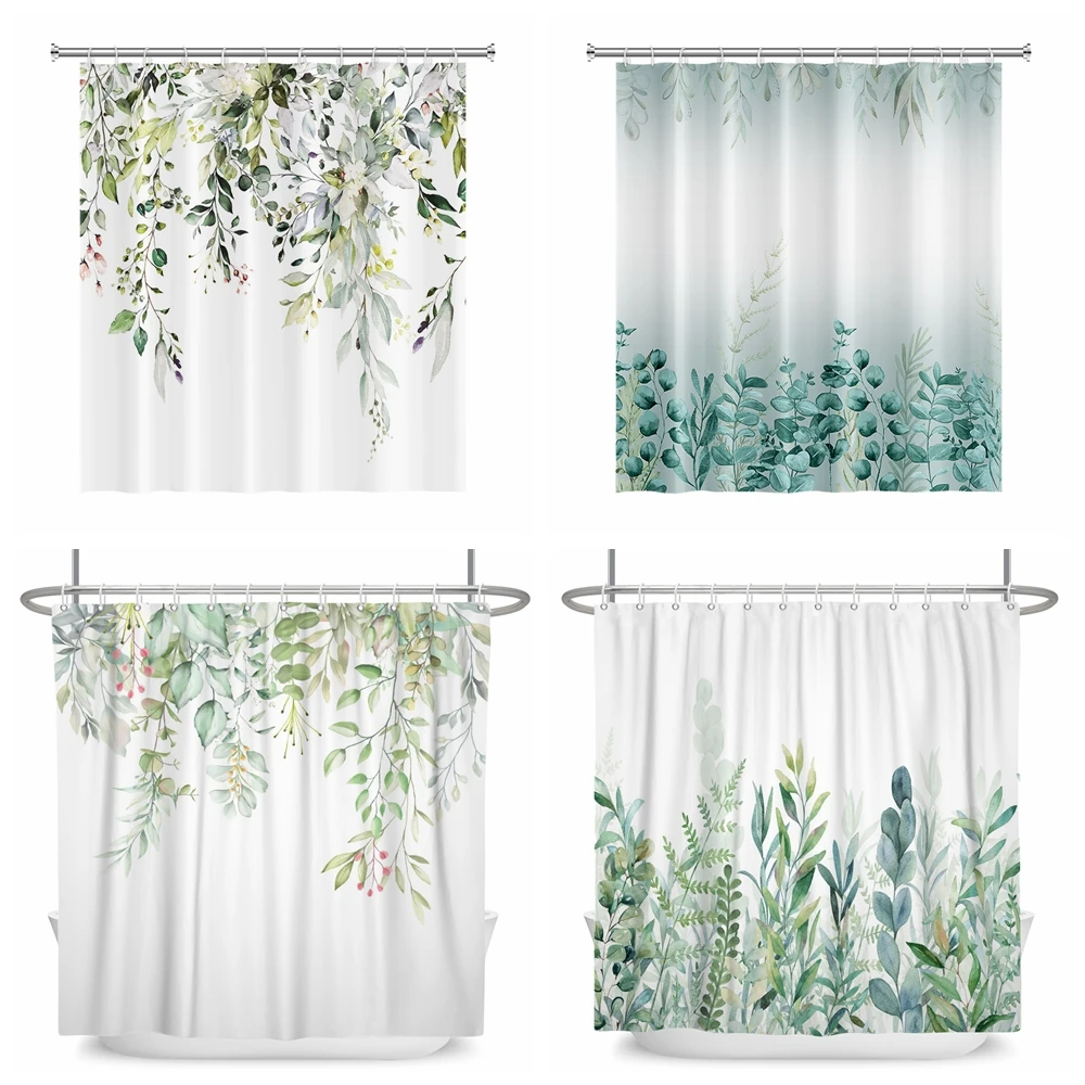 Green Plant Leaf Vines Flowers Shower Curtain Print Modern Nordic Minimalist Polyster Home Decor Bathroom Curtain with Hooks