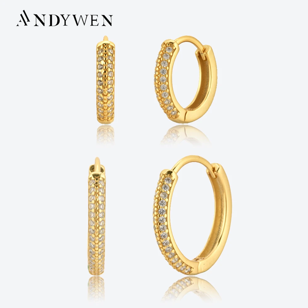 ANDYWEN 925 Sterling Silver 10mm 15.5mm Hoops Two Line Zircon Pave Thick Huggies Women Fashion Jewelry Piercing Pendiente