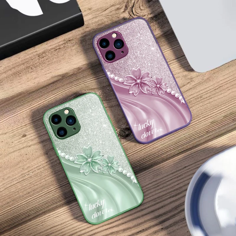 Creative Peach Blossom purple For IPhone 16 Pro Max 15 14 13 12 Mini 11 XS XR 7 8 Plu SE 2022 Tempered Glass Phone Case