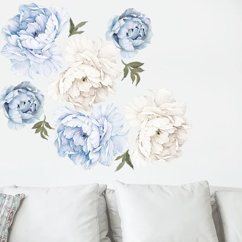 

30*90cm Large Blue Peony Flower Wall Stickers Romantic Flowers Home Decor for Window Living Room DIY Art Vinyl Wall Decals