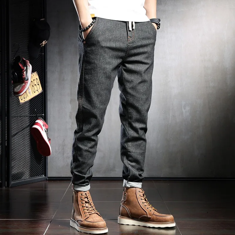 2022 Summer Men Jeans Casual Blue Pencil Pants Thin Jean Fashion Streetwear Drawstring Denim Trousers