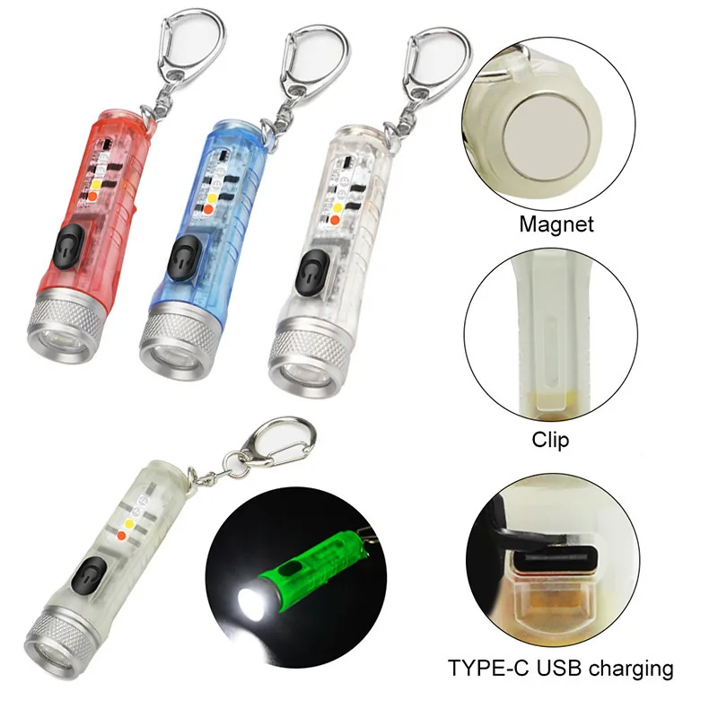 Zk20 MINI Keychain Flashlight USB C Rechargeable LED Lampwith Magnet Camping Uv Light Multifunction Portable Lighting Lights