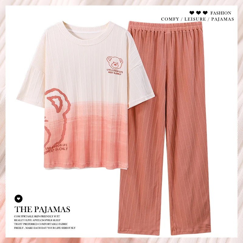New Sleepwear Cartoon Cotton Pajamas for Women Long Pants Short Sleeved Summer Spring Loungewear Fashion Home Clothing Homewear