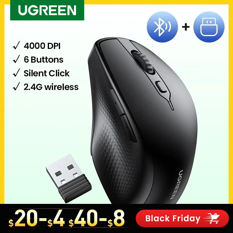 

UGREEN Wireless Mouse Bluetooth 5.0 Ergonomic 4000 DPI 6 Mute Buttons For MacBook Computer Tablet Laptop PC 2.4G Wireless Mice