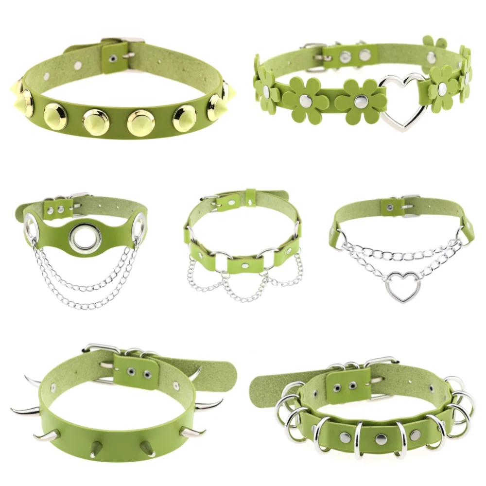 

Goth Green Leather Spike Rivet Choker Punk Rock Gothic Stainless Steel Chain Necklaces for Women Men Sexy Collar Y2k Accessories