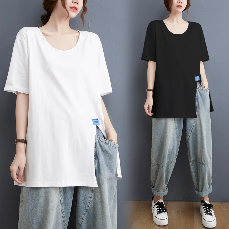 

Short Sleeve T-shirt Women's Summer 2022 New Loose Hem Split Solid Top