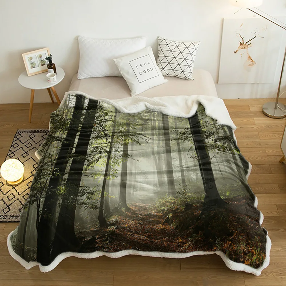 

Jungle Sunlight Trees Branches Landscape Lamb Cashmere Fleece Blanket Home Bed Sofa Winter Sherpa Bedding Kids Thick Bedspread