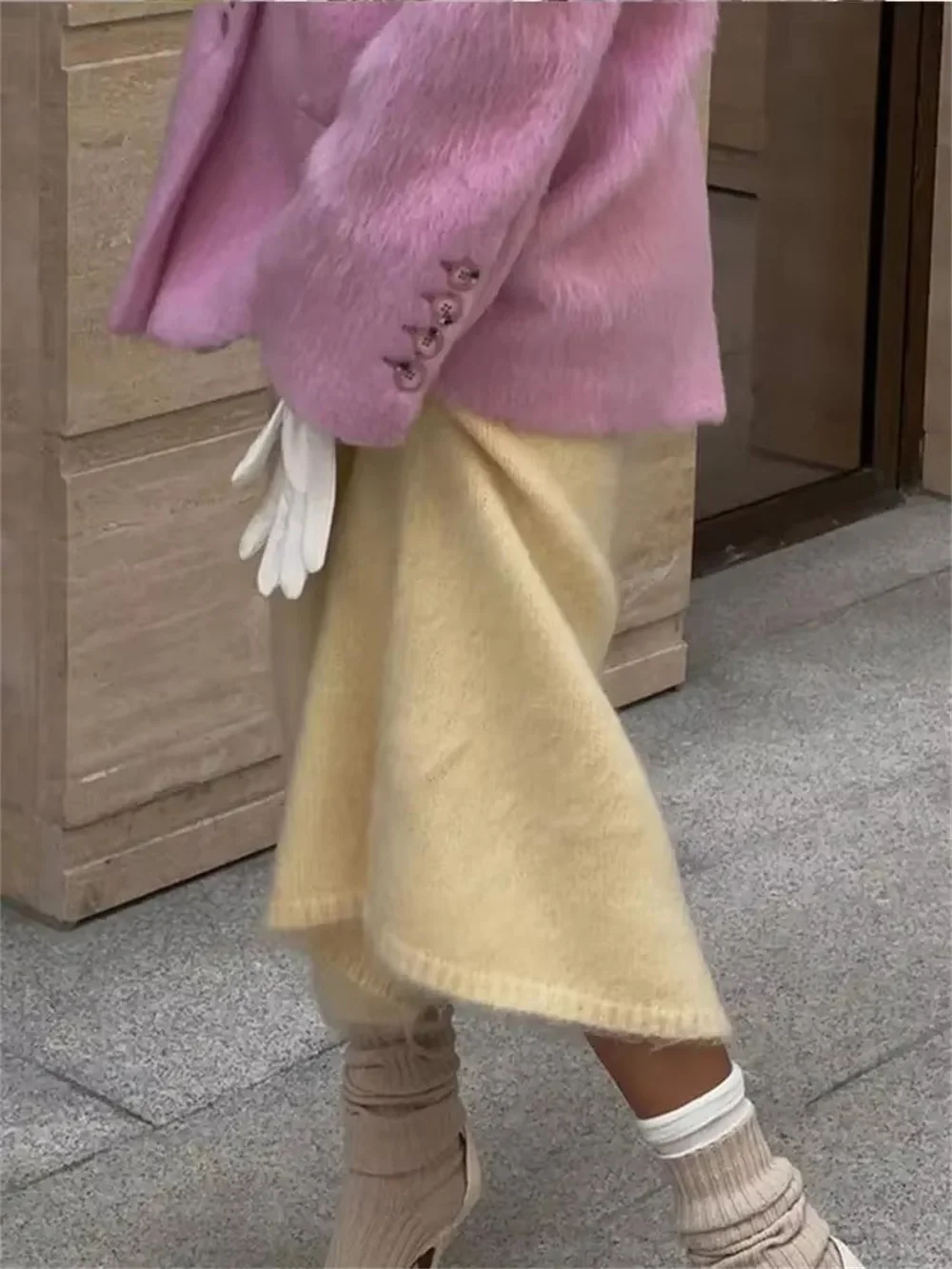 Модный розовый женский пиджак с лацканами и длинными рукавами теплая толстая