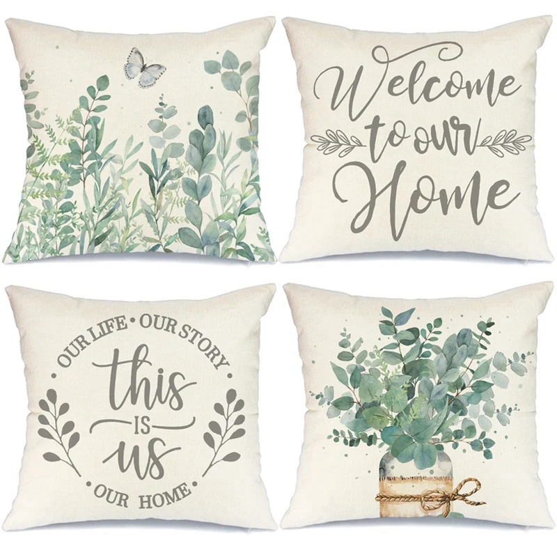 

18X18 Set Of 4 Spring Pillow Covers Spring Decorations Eucalyptus Leaves Home Decor For Couch