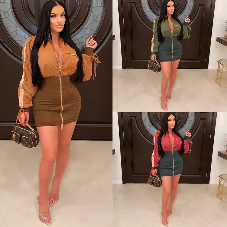 

2022 Summer Women Dress Color Patchwork Bodycon Slim Front Zipper Mini Dresses Clothes For Women Vestidos Streetwear Women