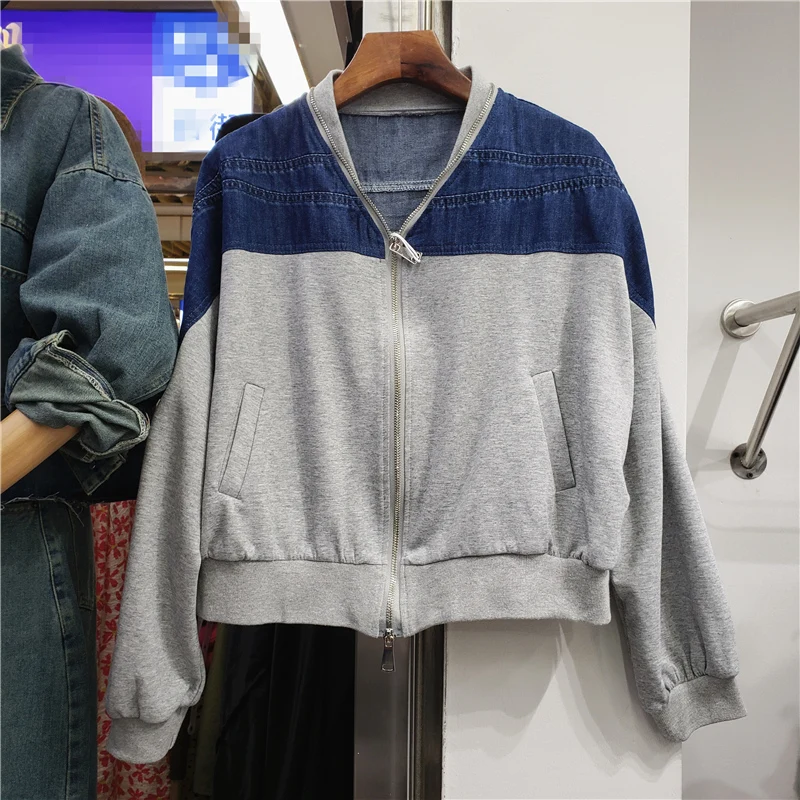 

SeeBeautiful Contrast Color Denim Stitching Loose Jacket Coat V-neck Long Sleeve Zipper Women 2022 Autumn New Fashion Tide Q662