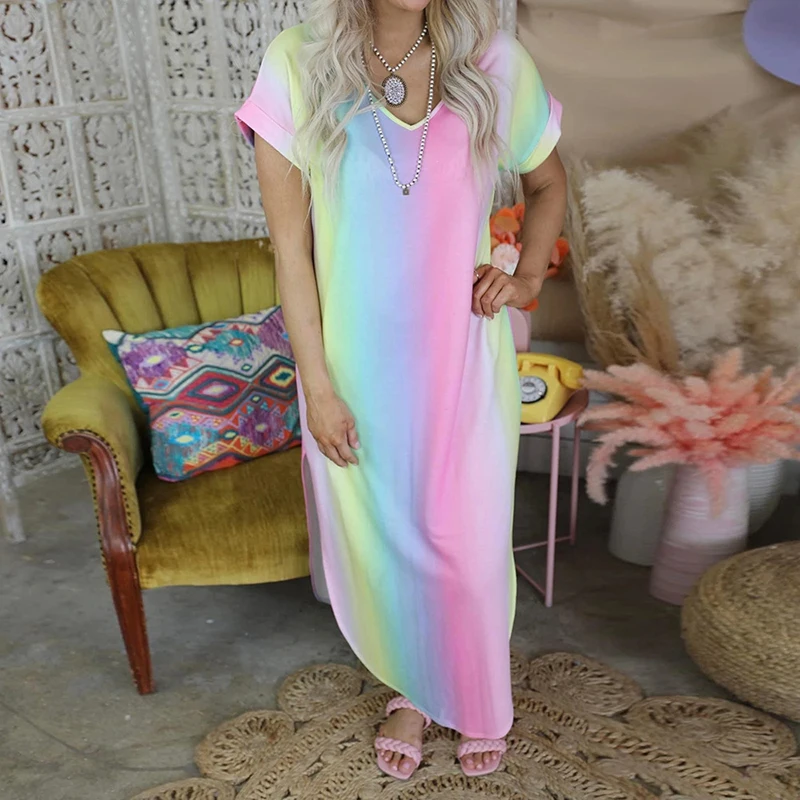 

Женское свободное платье с V-образным вырезом и коротким рукавом