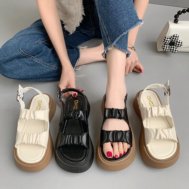 

Beige Heeled Sandals Female Shoe All-Match Buckle 2022 Summer Black Girls Clogs Clear Comfort Beach Low New Retro Strap Basic Ro