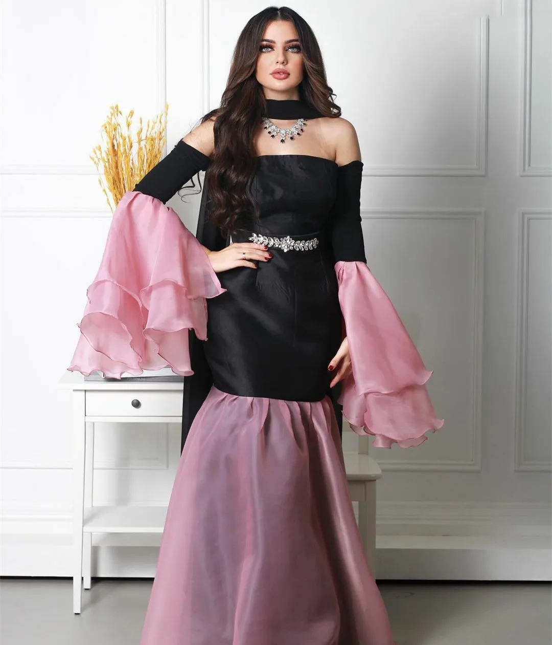 

AsaNagi Black&Pink Mermaid Ruffled Floor Length Prom Dress Strapless Off The Shoulder Prom Dress Robe de soirée 2023