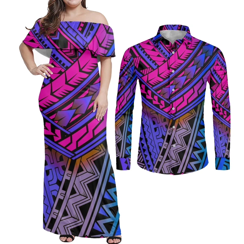 HYCOOL Polynesian Matching Couple Clothes Samoan Tribal Print Womens Summer Long Bodycon Purple Dress Off-Shoulder Ruffled Flowy