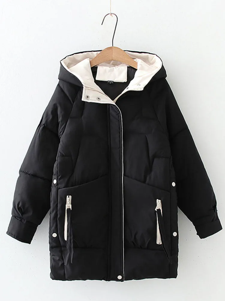 New Winter Women Thick Hooded Down Jacket Solid Cotton Warm Padded Parka Female White Loose Zipper Short Coat Padded Outwear