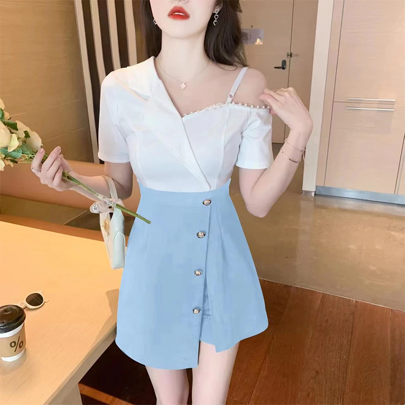 

2023 Summer Women New Sexy Off-Shoulder Temperament Patchwork Dress+Shorts Set Two-Pieces Suits Hit Color Outfits