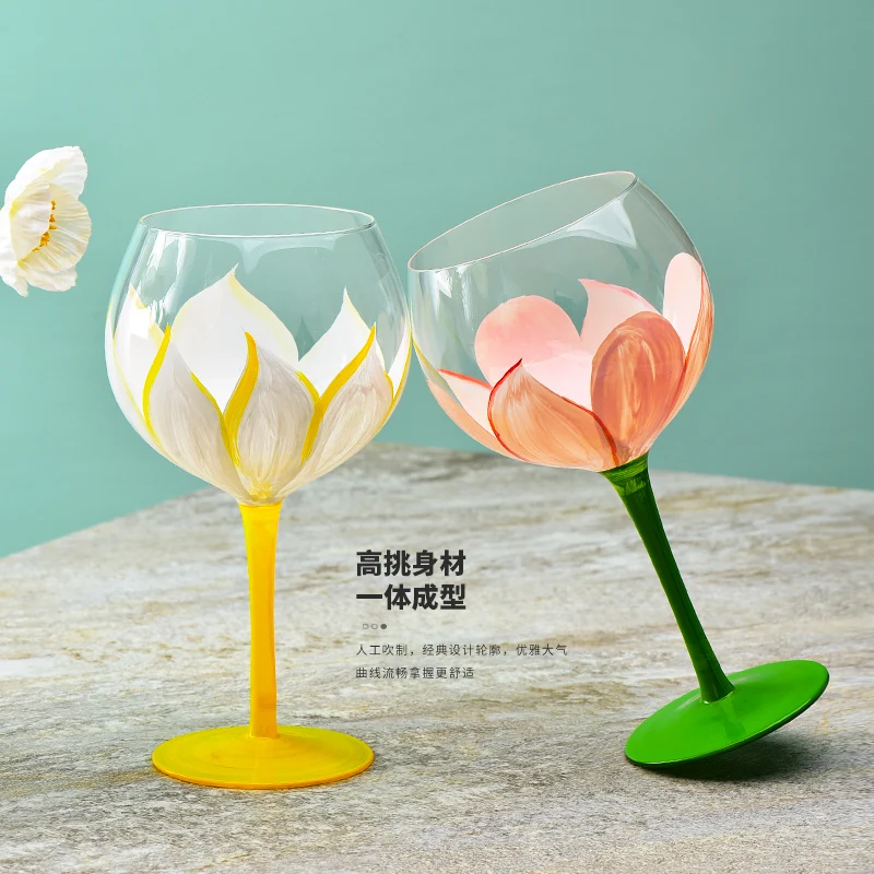 

Flannel Crystal Handmade and Hand-Painted Flower Glass Goblet Red Wine Glass Fresh Painted Cup Wine Glass Household