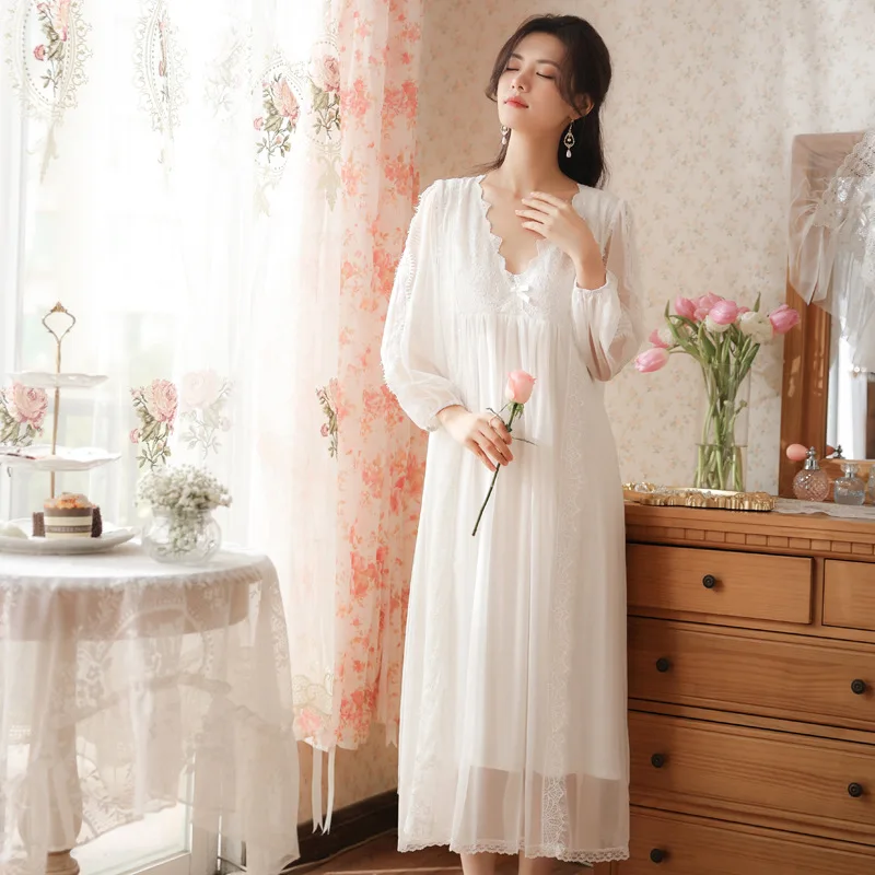 Fairy White Victorian Night Dress Women Spring Autumn Mesh Long Sleeve Sleepwear Princess Sexy Lace Peignoir Vintage Nightgowns