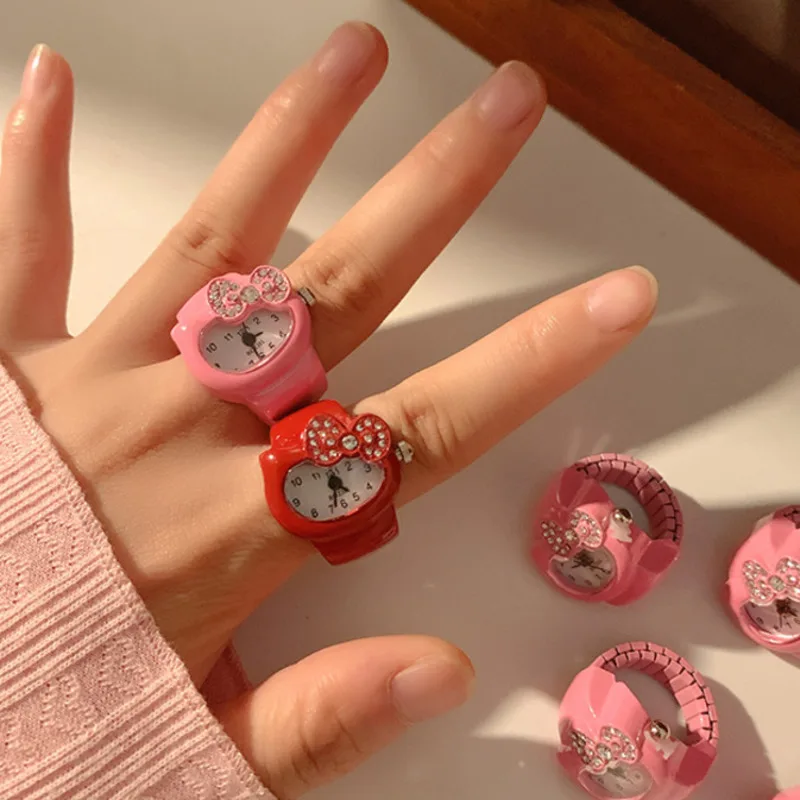 

Sanrio Kawaii Hello Kitty часы кольцо мультфильм аниме фигурка КТ Кот лук Стразы ювелирные изделия Y2k девочка милый аксессуар подарок на день рождения