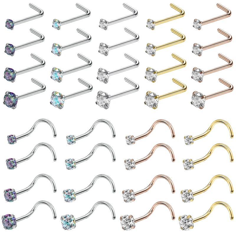 

AOEDEJ 20G Rose Gold Plate Nose Stud Stainless Steel Nostril Piercing Jewelry Crystal Nose Studs 6/8PCS Body Piercing Jewelry