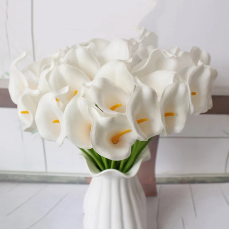 

10pcs Artificial Calla Lily Bridal Bouquet White PU Fake Flower for Wedding Party Home Room Table Vase Arrangement Decoratioan