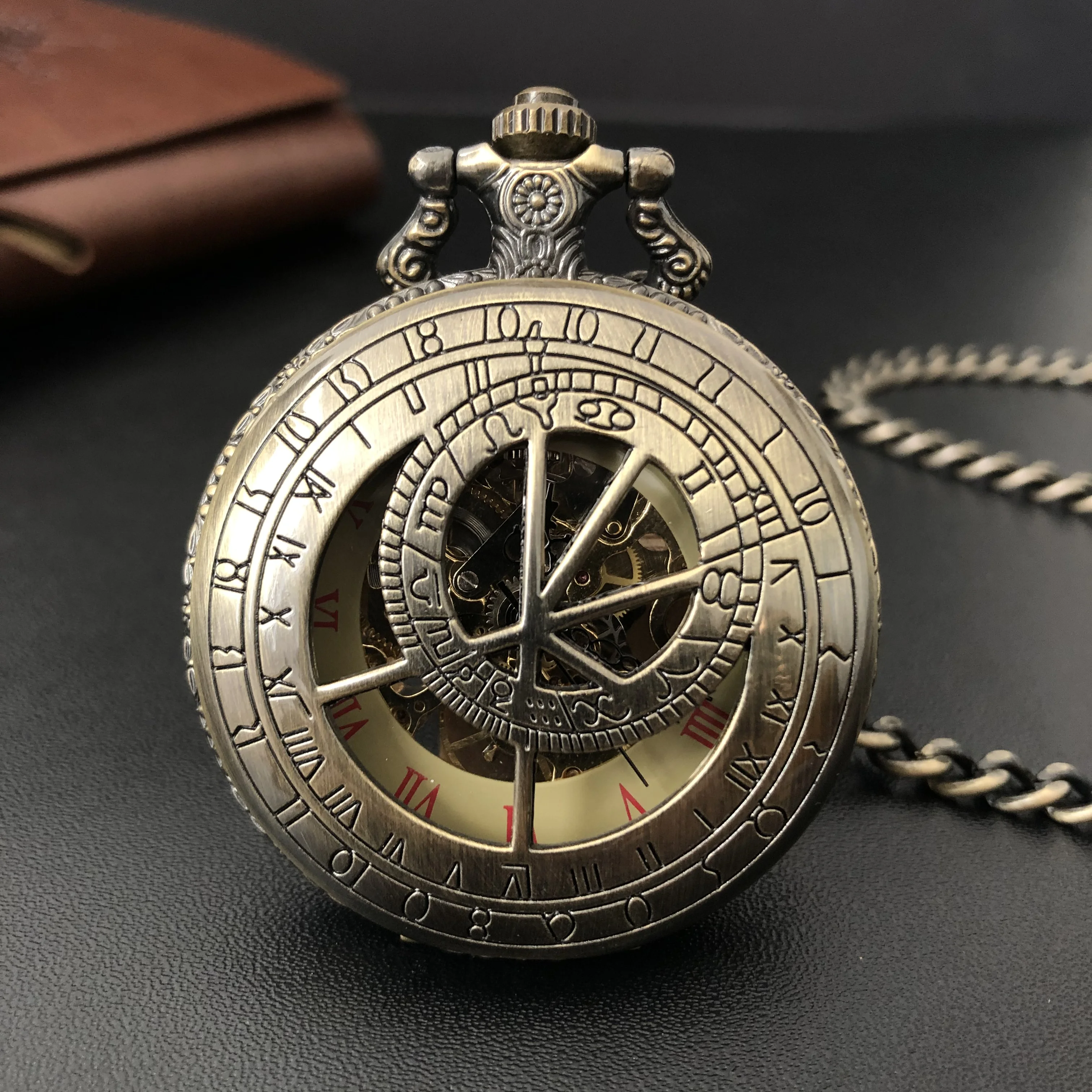 

Bronze Hollow Creative Design Roman Numerals Wind Mechanical Hand Pocket Watch Necklace Pendant Gifts For Women Or Man