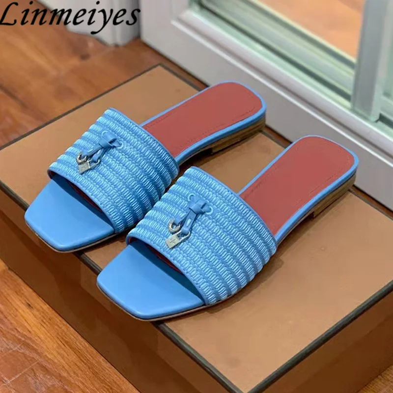 

Braided Flat Slippers Women Metal Lock Fashion Cosy Mules Shoes Peep Toe Summer Slides Woman Woven Modern Slippers Woman