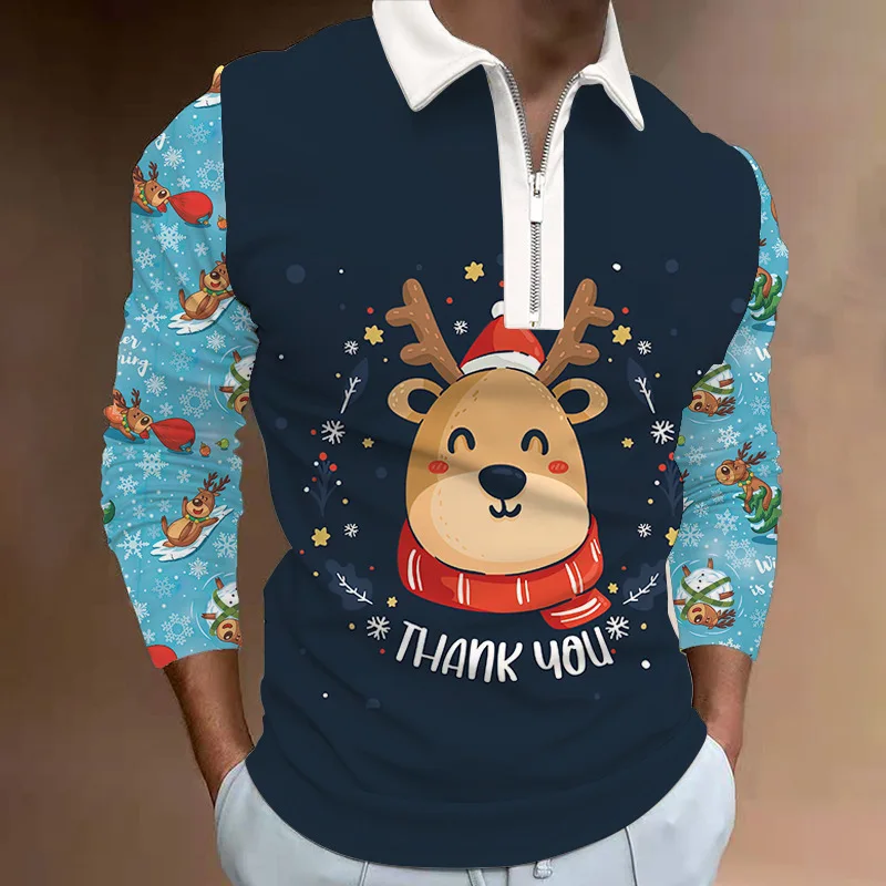 

Christmas Men's Casual Autumn Long Sleeve Polo Shirts Men Male Zip Tee Shirt Men Tops Street Golf Clothing Clothes For Men 2022