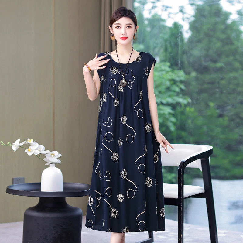 

Loose Elegant Casual Oversize Boho Floral Dreess Vintage Sleeveless Middle-aged Long Dress for Women 2023 New Woman Clothes