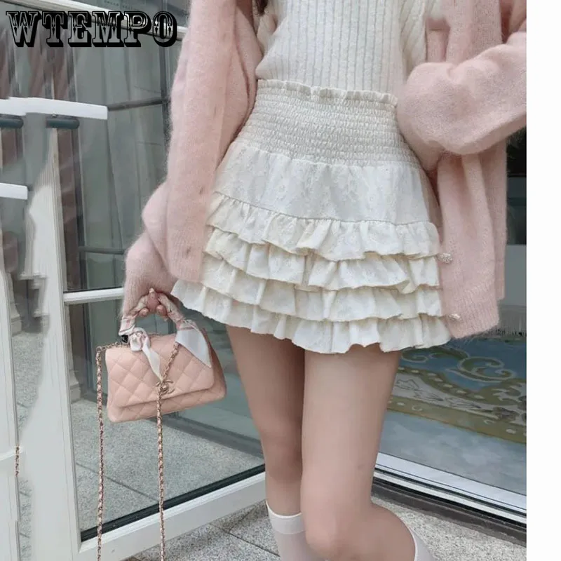 

Light Apricot Color A-line Fluffy Cake Skirt Women Elastic Waist Ruffle Edge Sweet Cute Preppy Style Korean Fashion Pure Desire