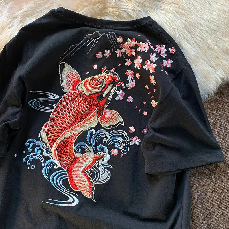 Harajuku Design Boho Floral Fish Embroidery T Shirts Vintage Street Fashion Woman Tshirts O-neck Loose Casual White Summer Tops