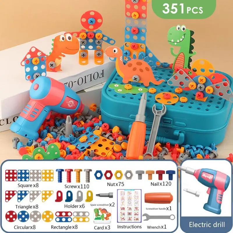 351pcs Drilling Screw 3D Creative Dinosaur Puzzle Toys For Children Building Bricks Toy DIY Electric Drill Set Educational Toy images - 6