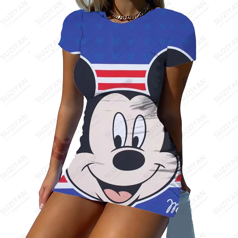 

Disney Motif Print Summer Short Sleeve Short Sexy Dress Casual Loose Solid T Shirt Dress Above Knee Length Loose Mini Dresses