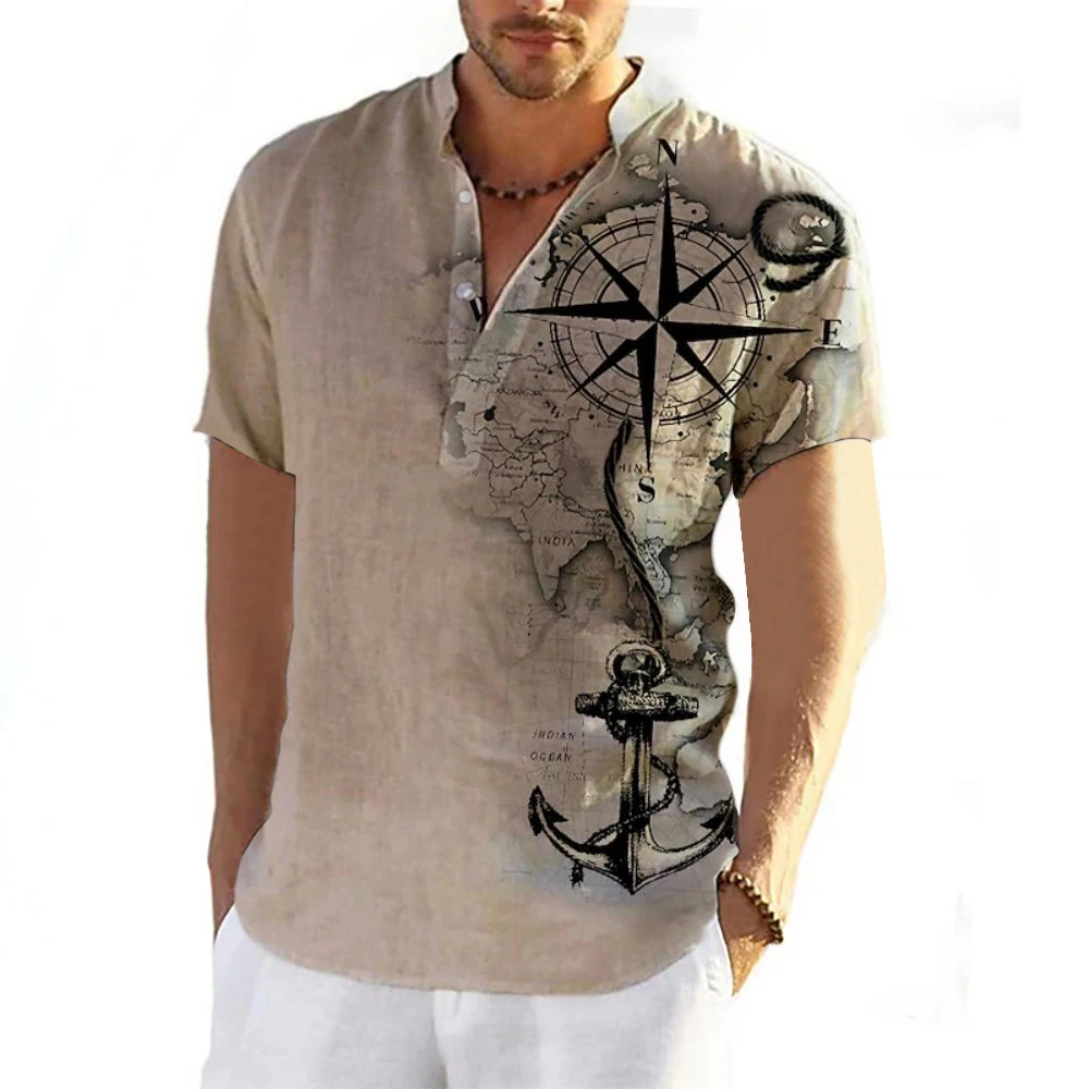 

Summer Shirt Men's Henley Short Sleeve Tops 3d Compass Graphic Clothing Fashion Designer Apparel Streetwear Mens Hawaiian Shirts