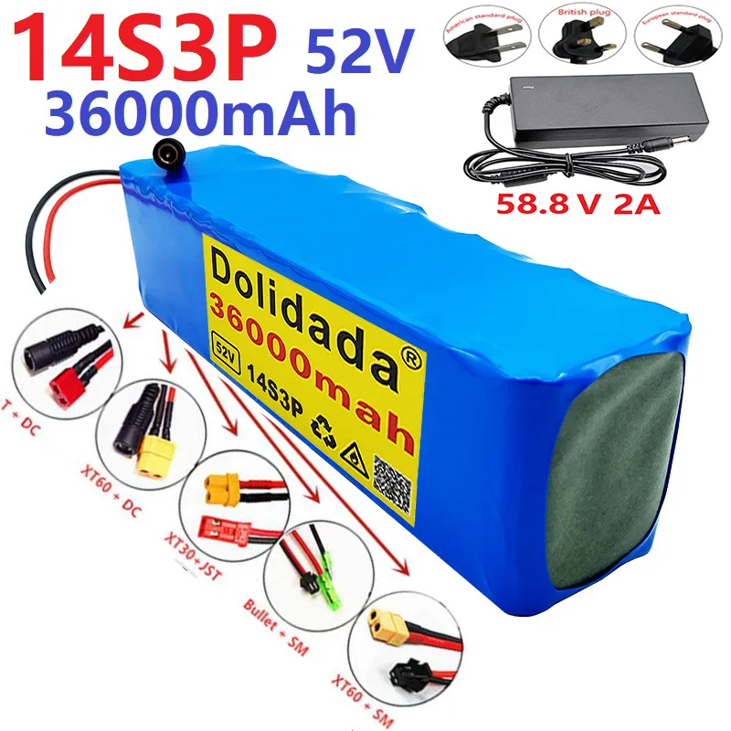 

14S3P 52V 36000mAh 18650 Batterie Au Lithium Rechargeable 58.8V2A Chargeur Prise Personnalisée BMS Intelligent Tricycle