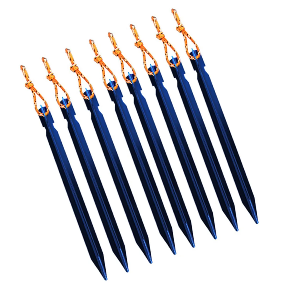 

8pcs Tent Stakes Ultralight Aluminum Camping Hiking Peg with Reflective Pull Cords & Pouch Tri Cone - Y Beam Design (Blue)
